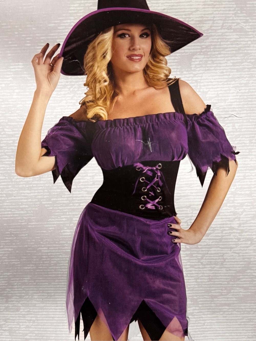 “Dark Witch” Purple Off-Shoulder Witch Adult Costume + Witch Hat